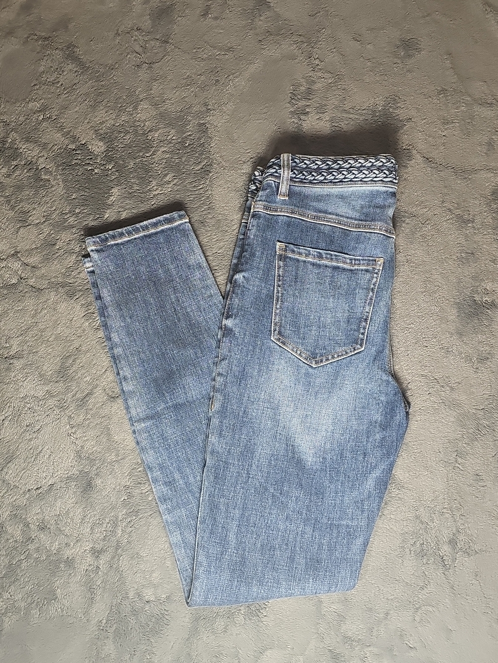 CAbi Braided Waistband Exposed Button Fly High Rise Ankle Jeans Medium Wash 4
